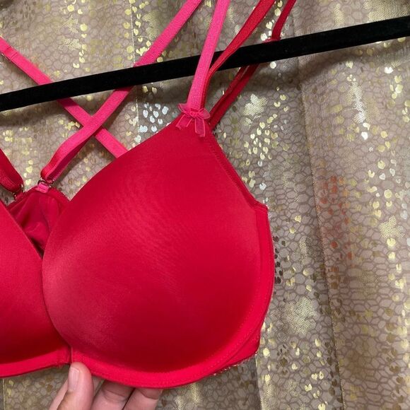 Victorias Secret Red Pink Strappy Dream Angels Padded Demi Bra 32D - Picture 5 of 7